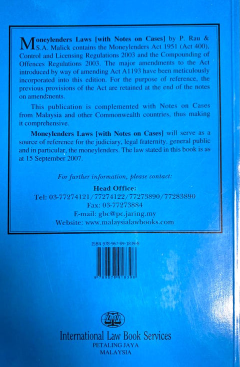 Moneylenders Laws (With Notes On Cases) By P.Rau | ILBS