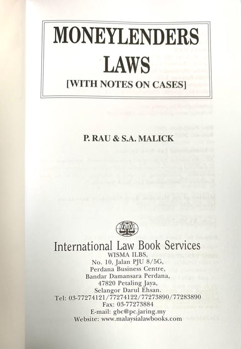 Moneylenders Laws (With Notes On Cases) By P.Rau | ILBS